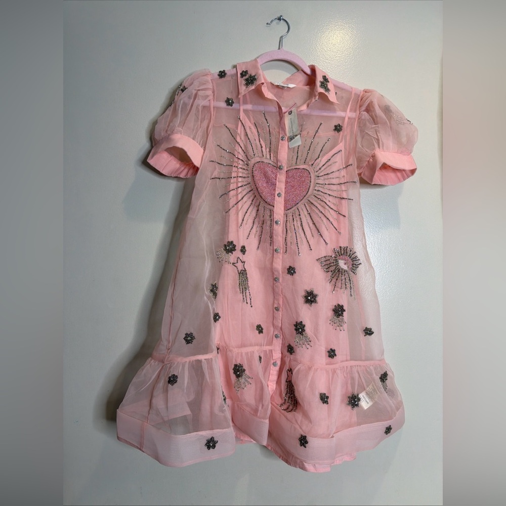 Maeve Short Sleeve Embellished Heart Embroidered Beaded Mini Shirt Dress S - Picture 4 of 9